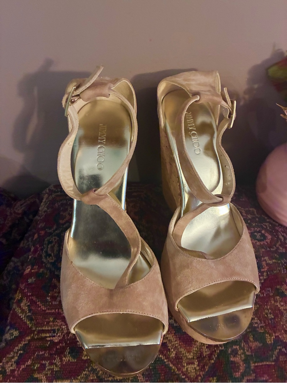 Jimmy Choo Beige Suede Platform Wedge Sandals with Gold Insole